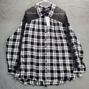 Roamans Lace Plaid Shirt Button Up Long Sleeve Size 28W Black White NWT